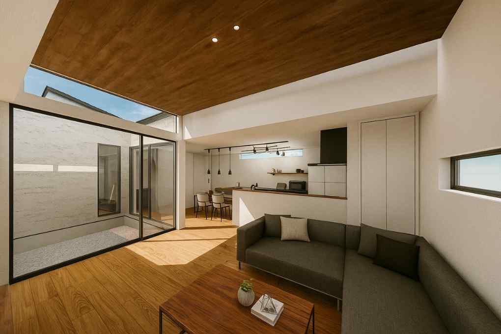 中庭を眺めてくつろぐ23.8帖広々LDK