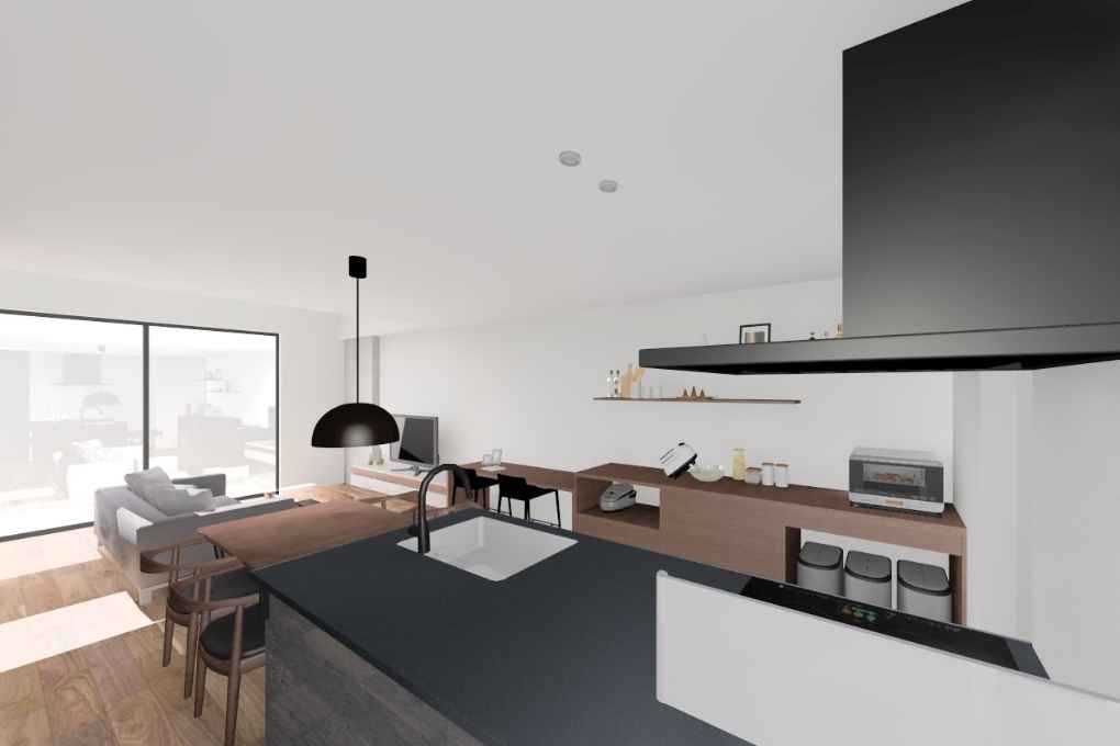 造作家具を横並びに配置し統一感のある整った配列に