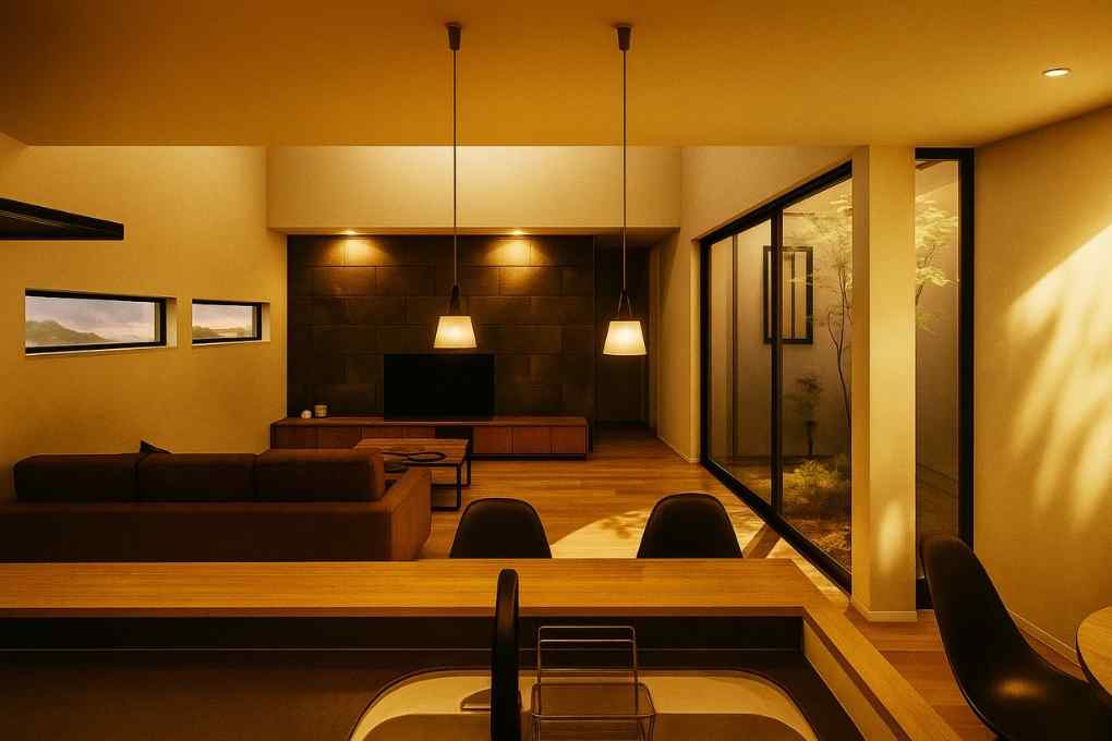 多灯照明でインテリアも映えるリビング空間